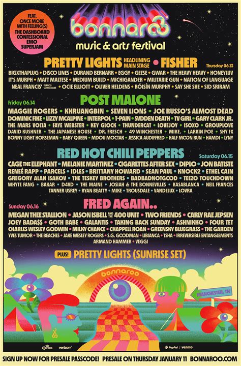 Bonaroo 2024 - The 2024 Bonnaroo headliners and lineup have finally been revealed. Fred Again, Post Malone, and the Red Hot Chili Peppers will be headlining the 2024 Bonnaroo festival. Bonnaroo 2024 Headliners